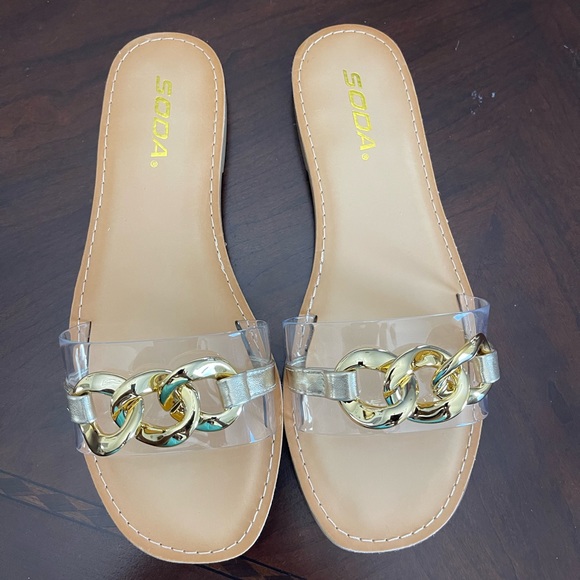 Soda Shoes - Soda Women's Gold Chain Slide Transparent Sandals Size 7.5 Summer Beach Vacation